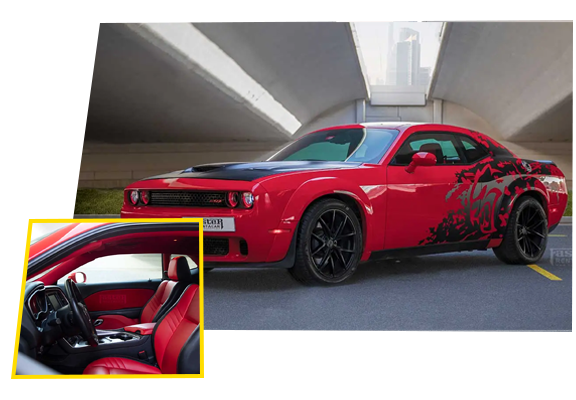 Red and Black Dodge Challenger Front Side & Interior View